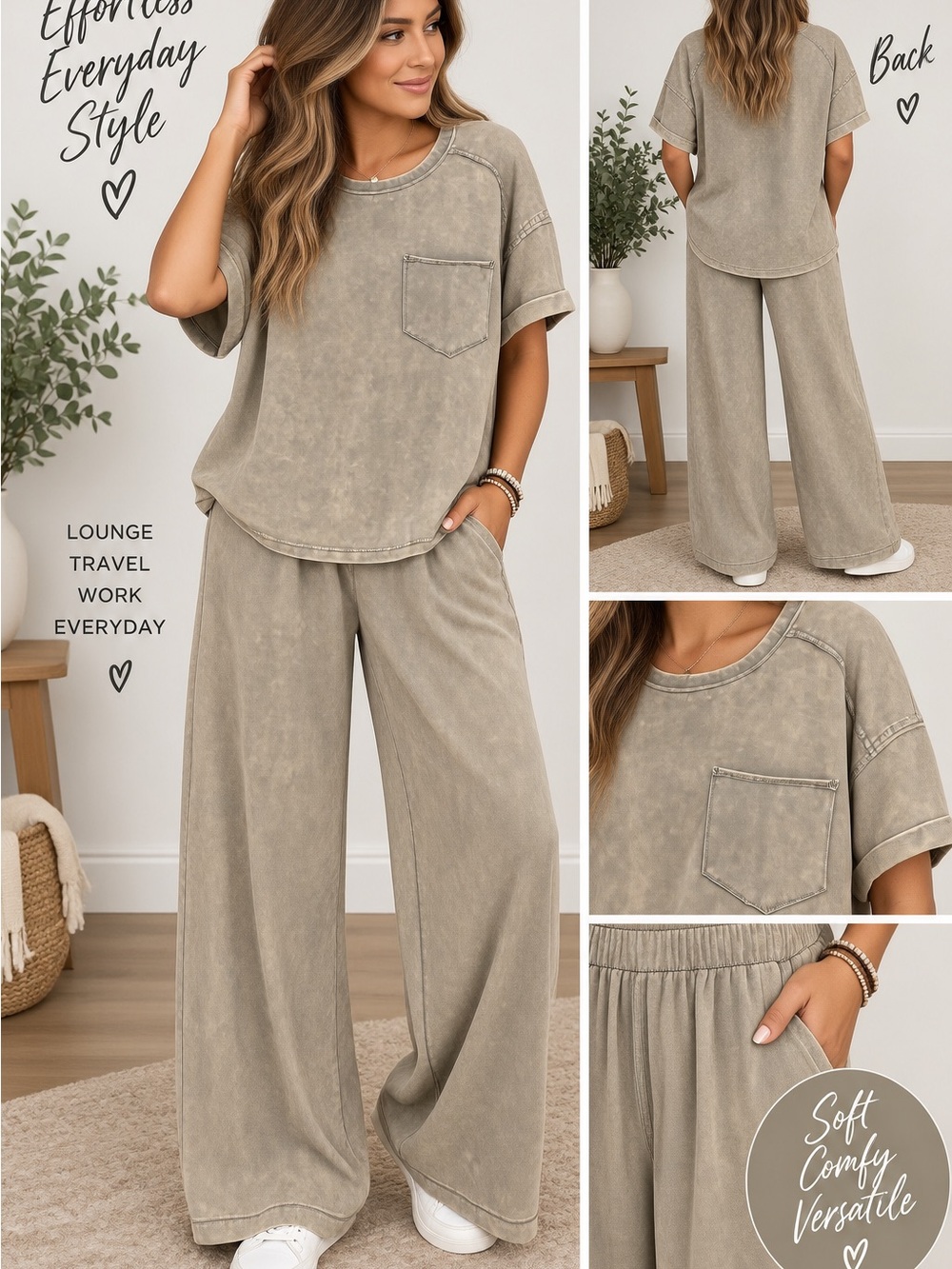 Zenana Relaxed Wide-Leg Lounge Pants & Tee Set - Taupe